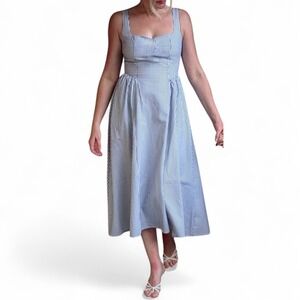 WAYF Gray White Pinstripe Midi Dress Cinched Waist Square Neck‎ Size S